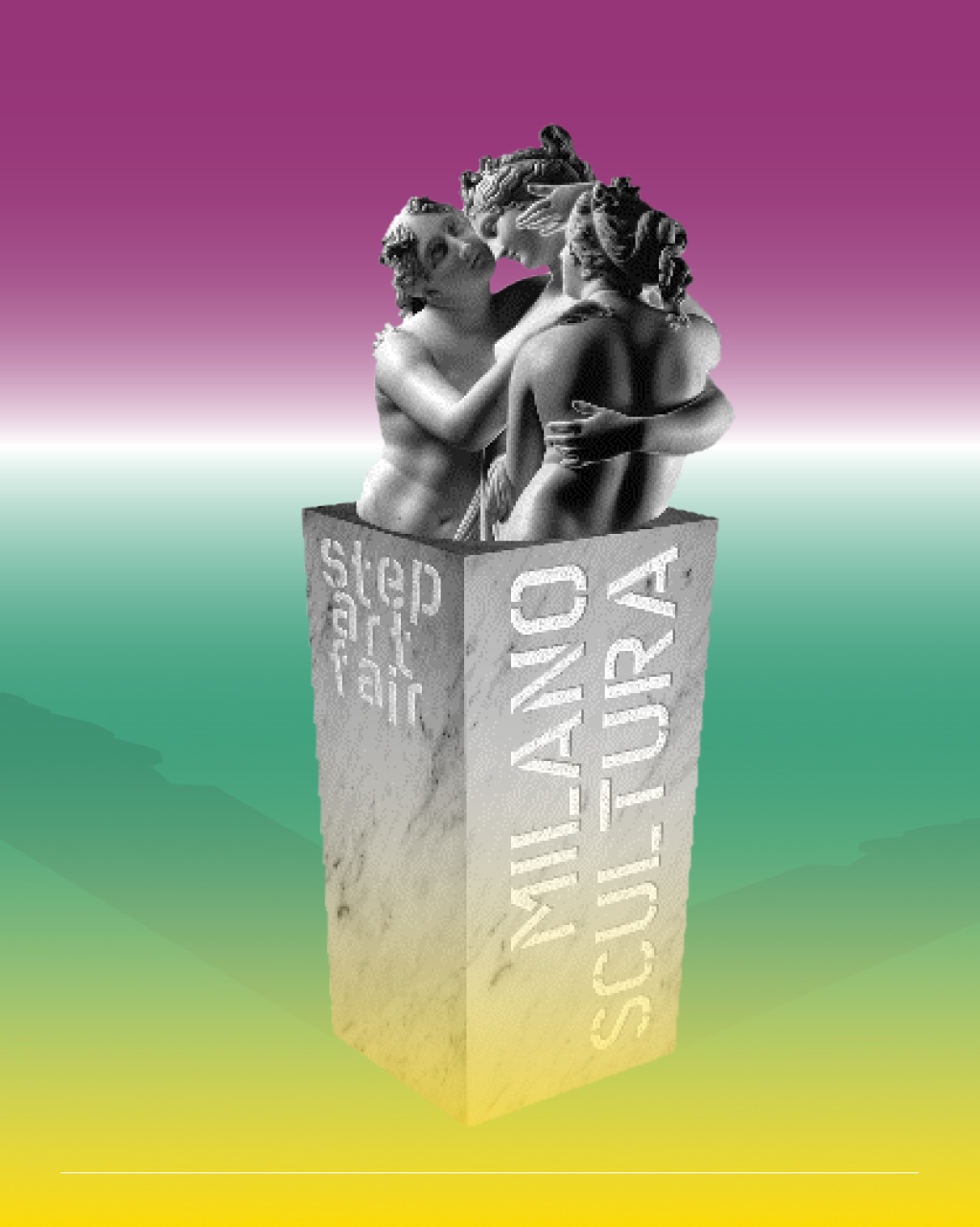 Immagine di un pilastro con sculture classiche su sfondo colorato