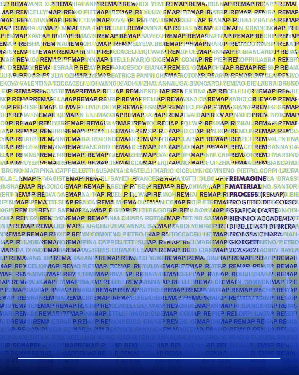 immagine con righe continue della parola Remap '21 che costiuiscono parole più grandi di Remap 21 in colore giallo 