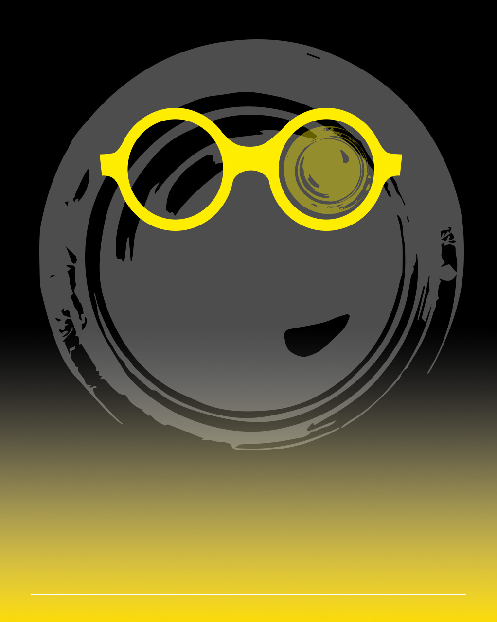 Immagine con una montatura di occhiali gialla nel quale in una delle lenti si vede un obiettivo fotografico