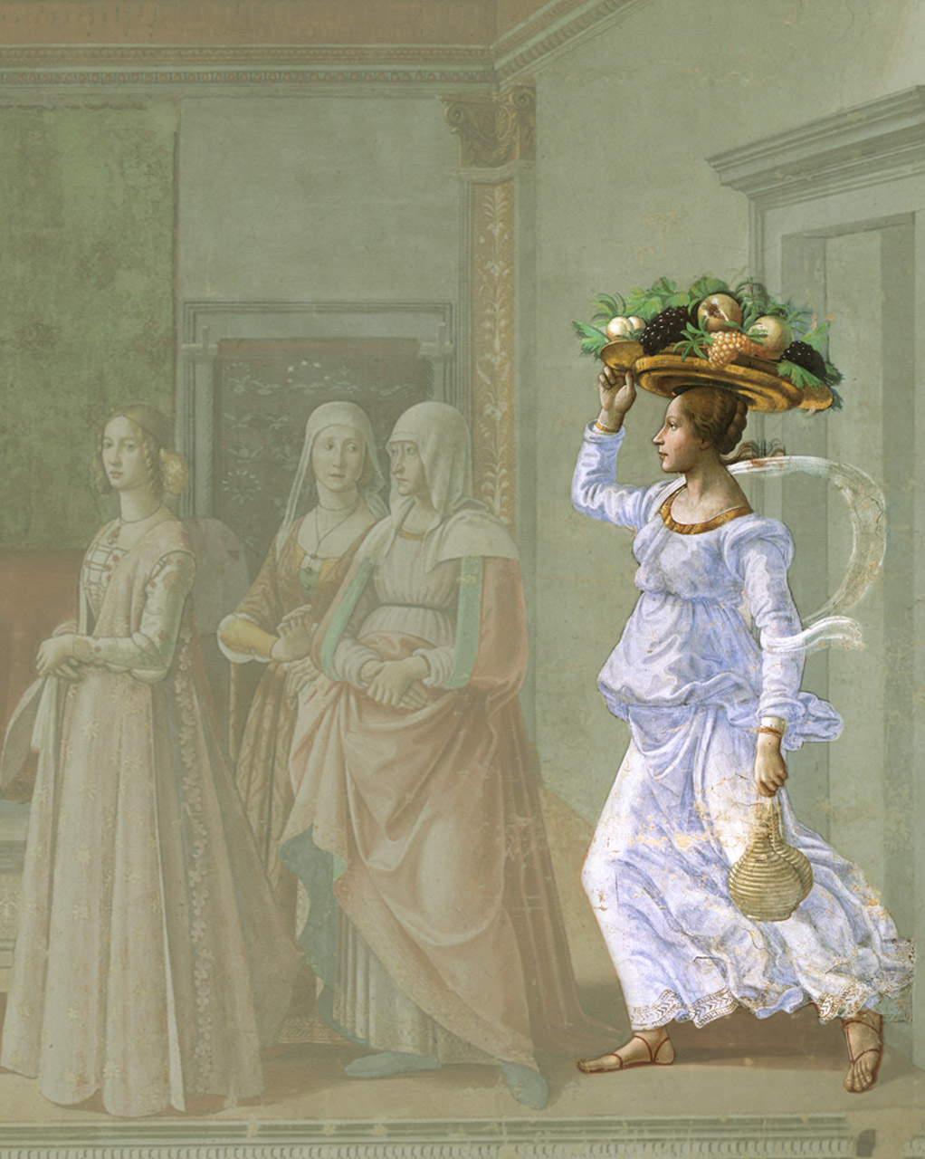 Immagine di donna che trasporta frutta su un vassoio appoggiato in testa
